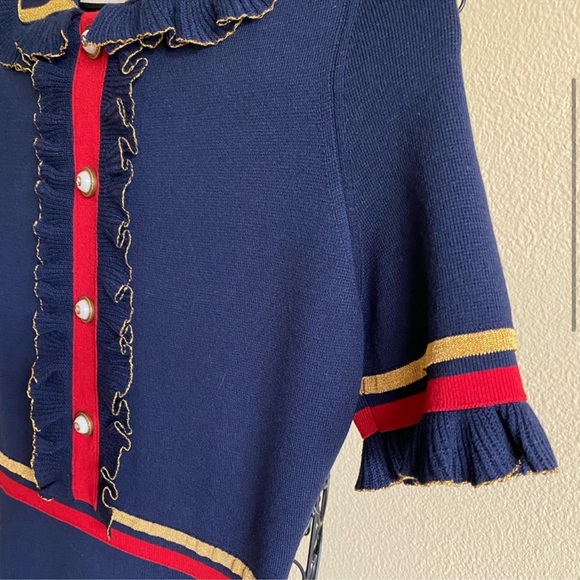 NEW! Gucci Faux Pearl Embellished Ruffled Wool Blend Mini Dress in Navy (size M) - Picture 5 of 16